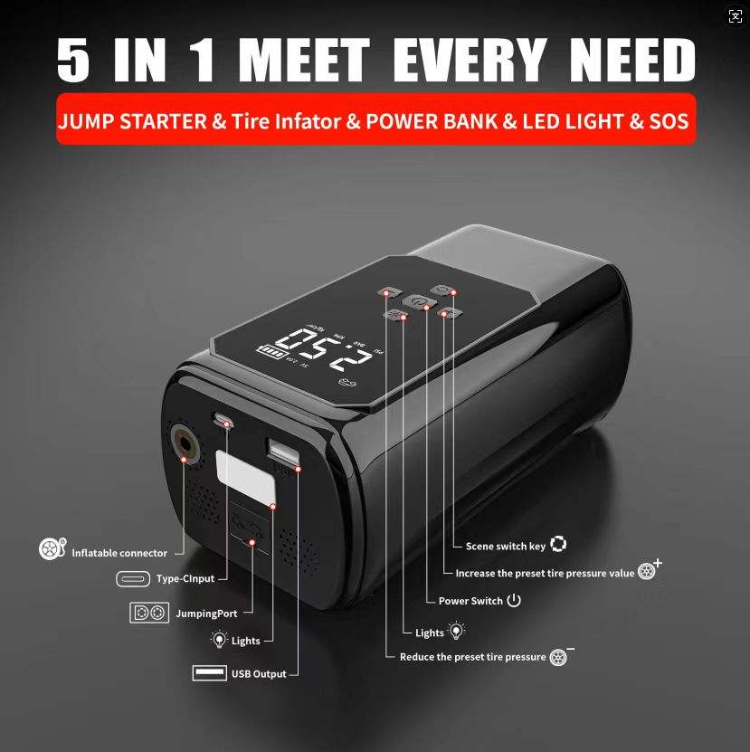 600A Peak 12V Car Jump Starter with Air Compressor & Power Bank