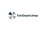 Minimalist modern logo for "FanDepot.shop", featuring a bold abstract fan icon with clean geometric blades, paired with strong sans-serif text. Use a blue and silver color palette to convey trust and technology. Design should be scalable, high-resolution, and suitable for website header and branding.